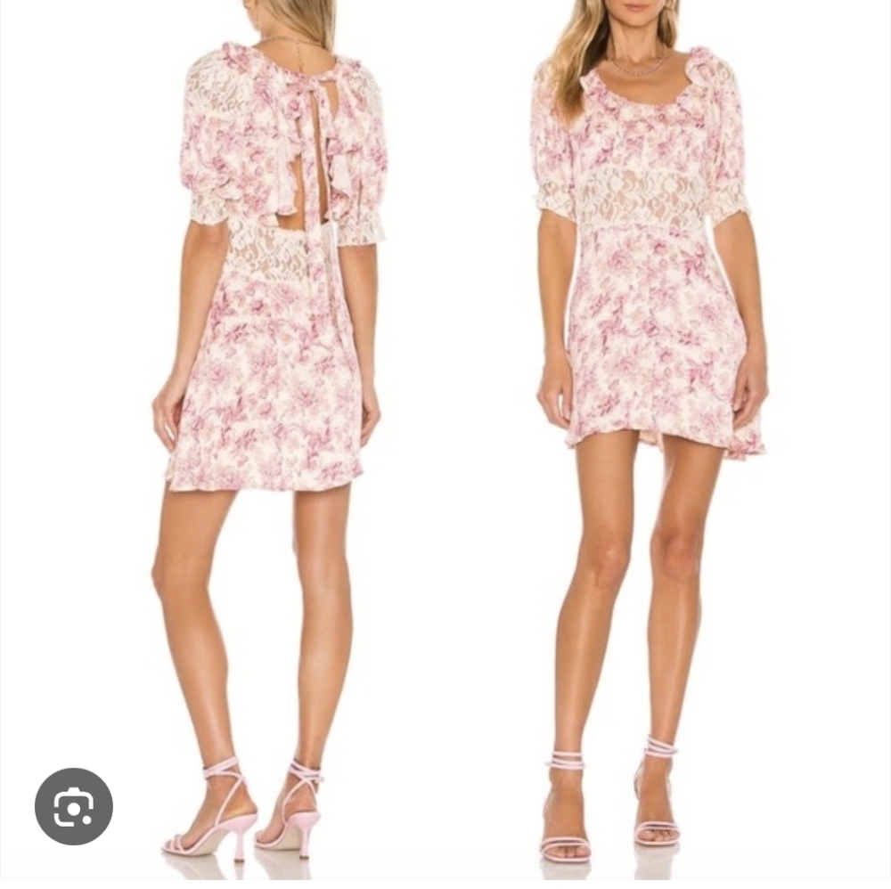 Free People Womens Sz 2 Lucie Mini Dress Floral Pink Cream Lace Ruffle Open Back